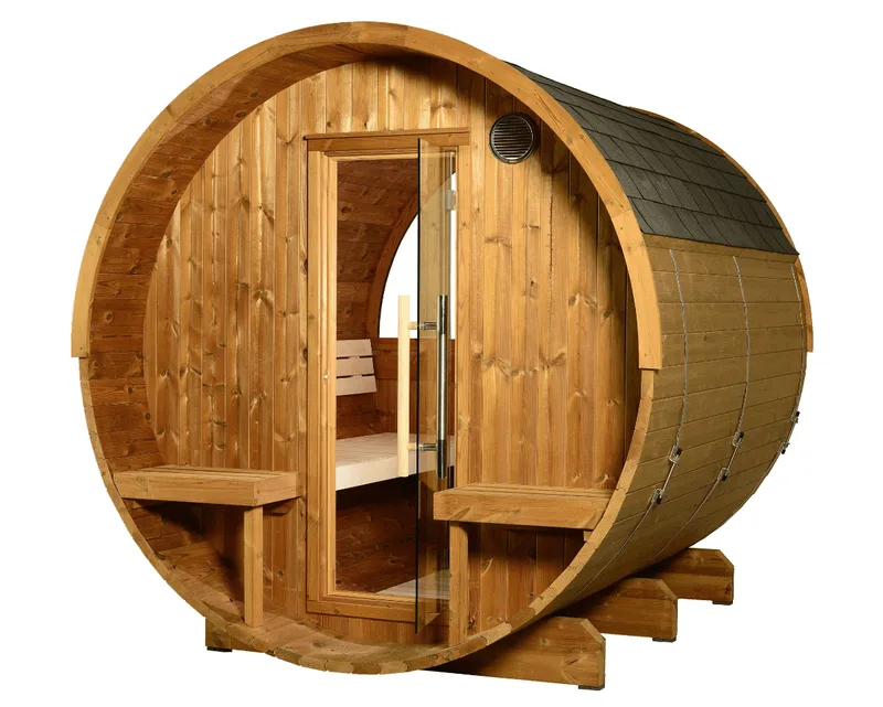 Manufacturer photo of the Almost Heaven Evander Half-Moon Canopy Barrel Sauna, Harvia Collection