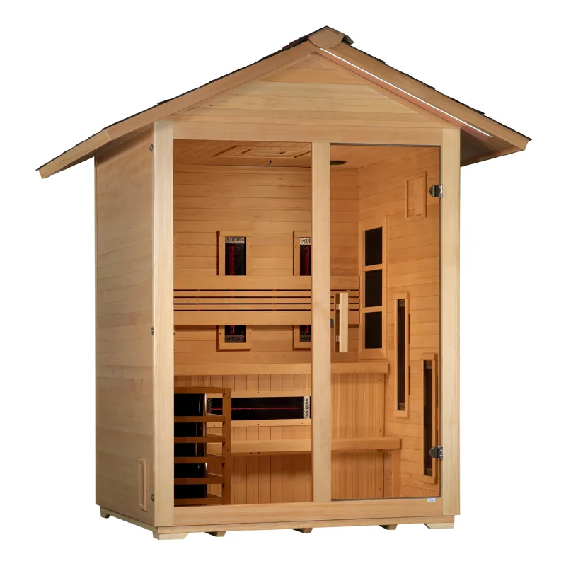 Manufacturer photo of the Golden Designs "Carinthia" 3 Person Hybrid (PureTech Full Spectrum IR or Traditional Stove) Outdoor Sauna (GDI-8123-01)