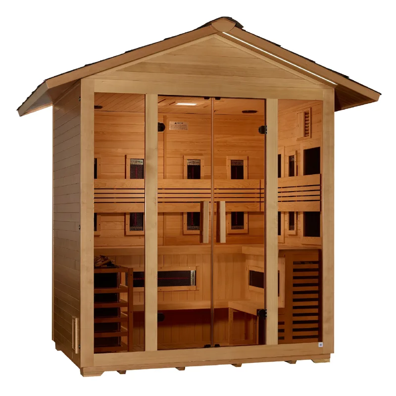 Manufacturer photo of the Golden Designs "Gargellen" 5 Person Hybrid (PureTech Full Spectrum IR or Traditional Stove) Outdoor Sauna (GDI-8125-01)