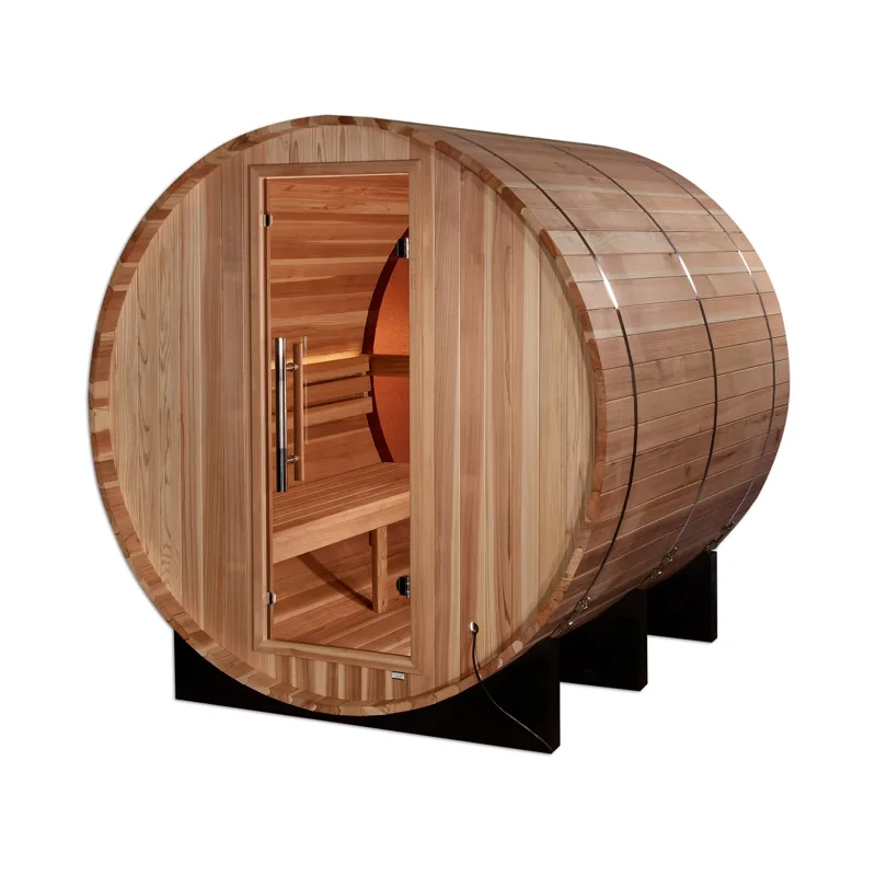Manufacturer photo of the Golden Designs "Zurich" 4 Person Barrel with Bronze Privacy View Traditional Sauna (GDI-B024-01)