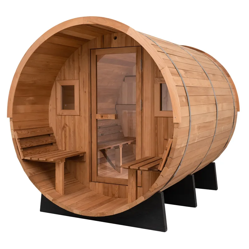 Manufacturer photo of the Redwood Outdoors Barrel Outdoor Sauna w/ Porch - 6 Person