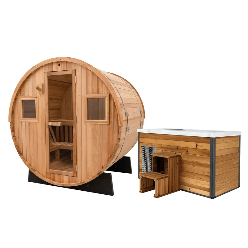 Manufacturer photo of the Redwood Outdoors Extra-Wide Barrel Outdoor Sauna x Denali Cold Plunge