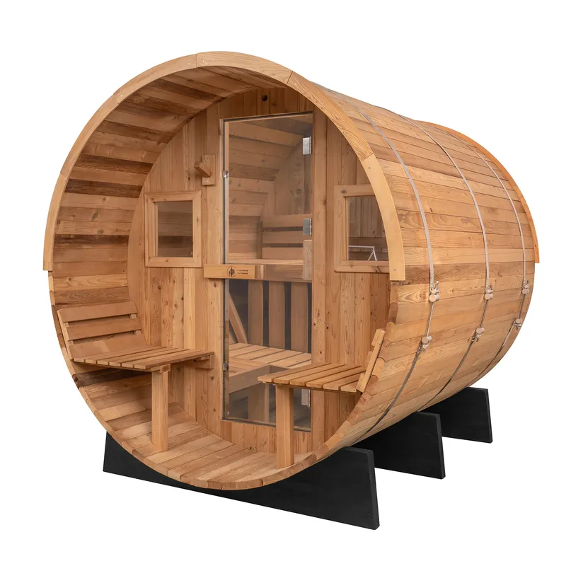 Manufacturer photo of the Redwood Outdoors Extra-Wide Outdoor Barrel Sauna w/ Porch - 6 Person